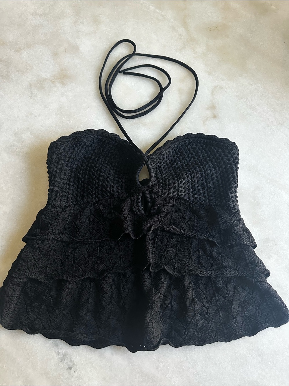 EUC Black Ruffled Crochet Halter Top